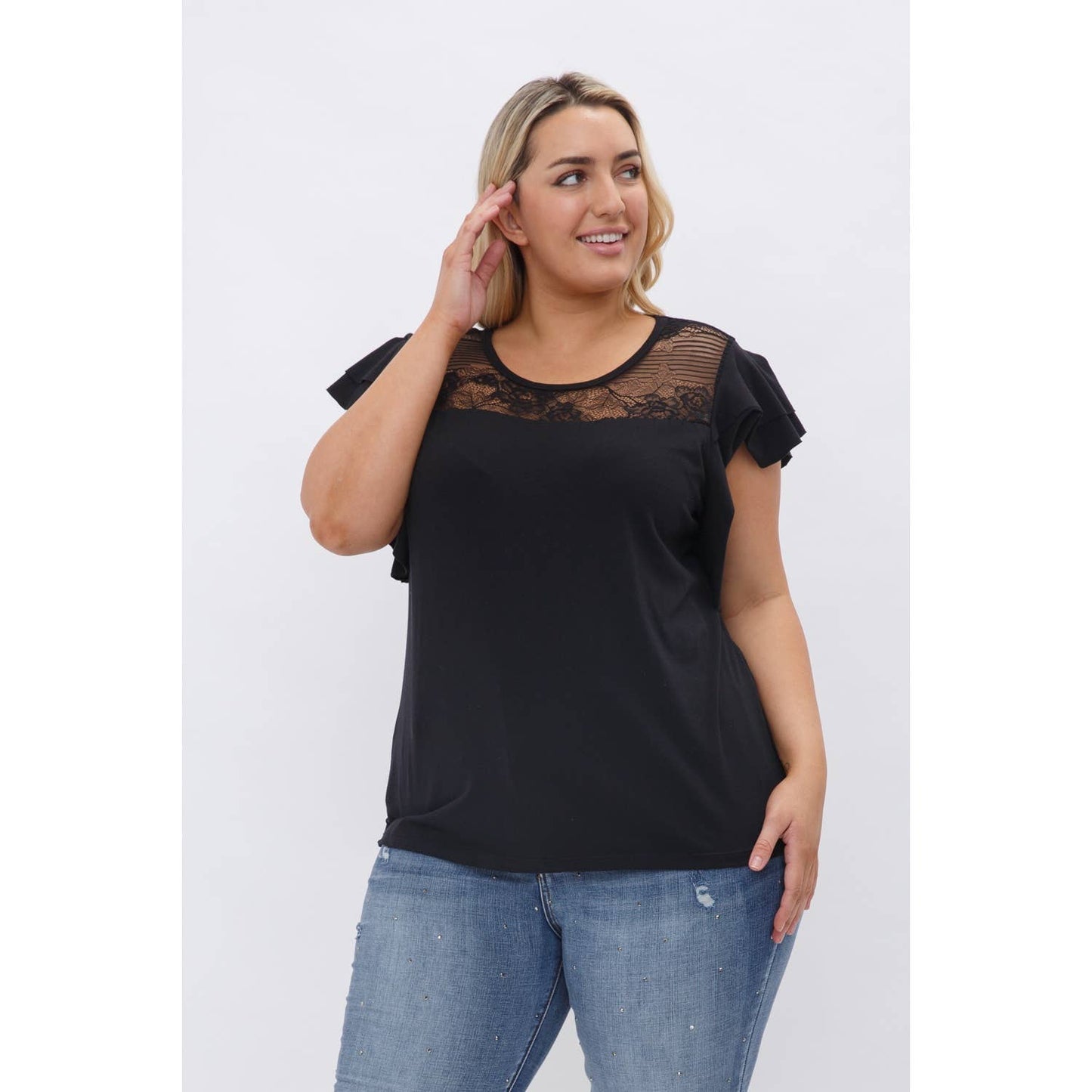 PLUS SIZE CROCHET LACE YOKE RUFFLE SHORT SLEEVE KNIT BLOUSE