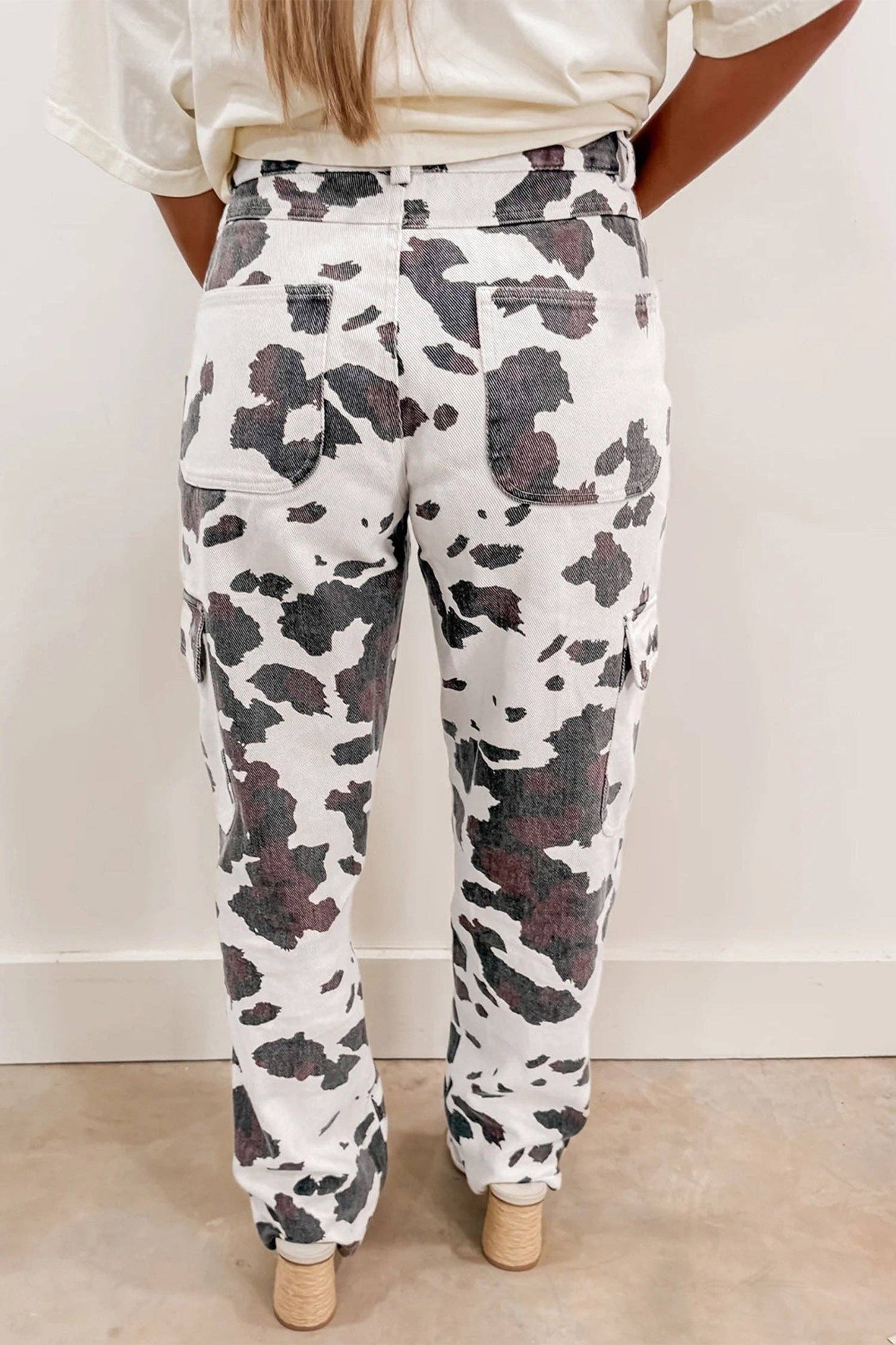 Brown Cow Spots Printed Multi Pocketed Jeans: Brown / 65%Cotton+33%Polyester+2%Elastane / 14