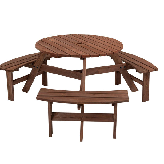 6-Person Outdoor Wooden Picnic Table with Benches–Brown/Natu: Brown