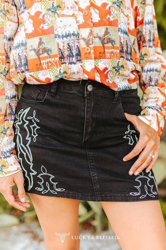 Black Boot Stitch Embroidered Denim Skirt