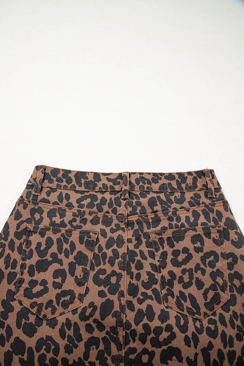 Brown Leopard Denim Frayed Split Denim Midi Skirt