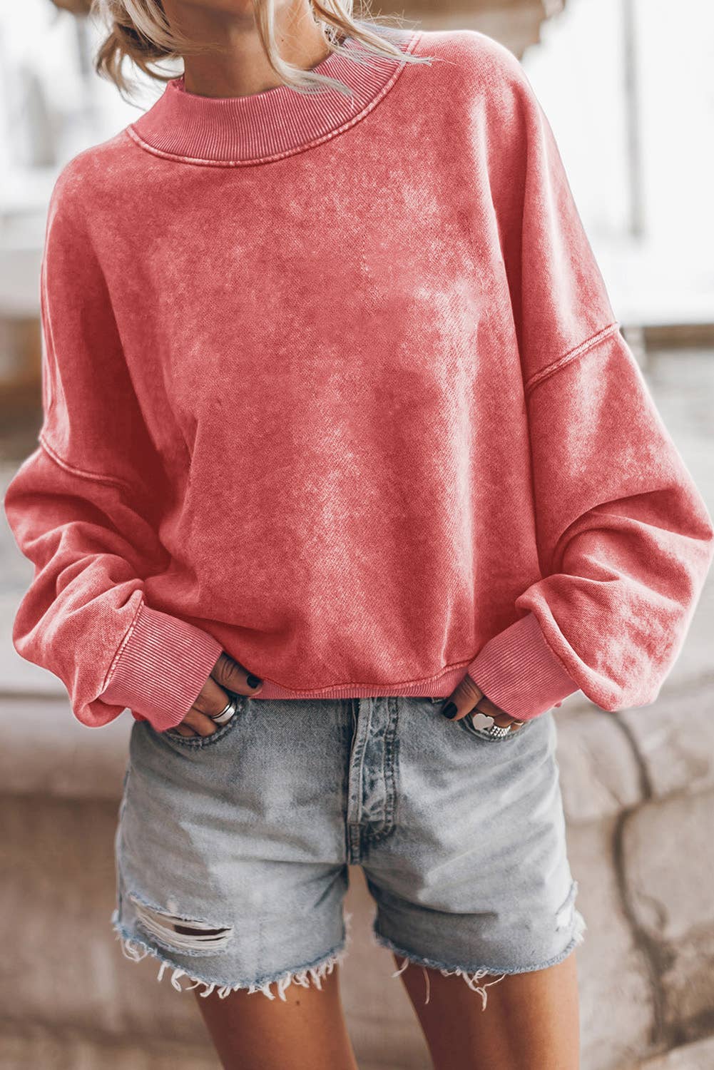 Solid Color Drop Shoulder Crew Neck Pullover Sweatshirt: Red / 75%Polyester+25%Cotton / M