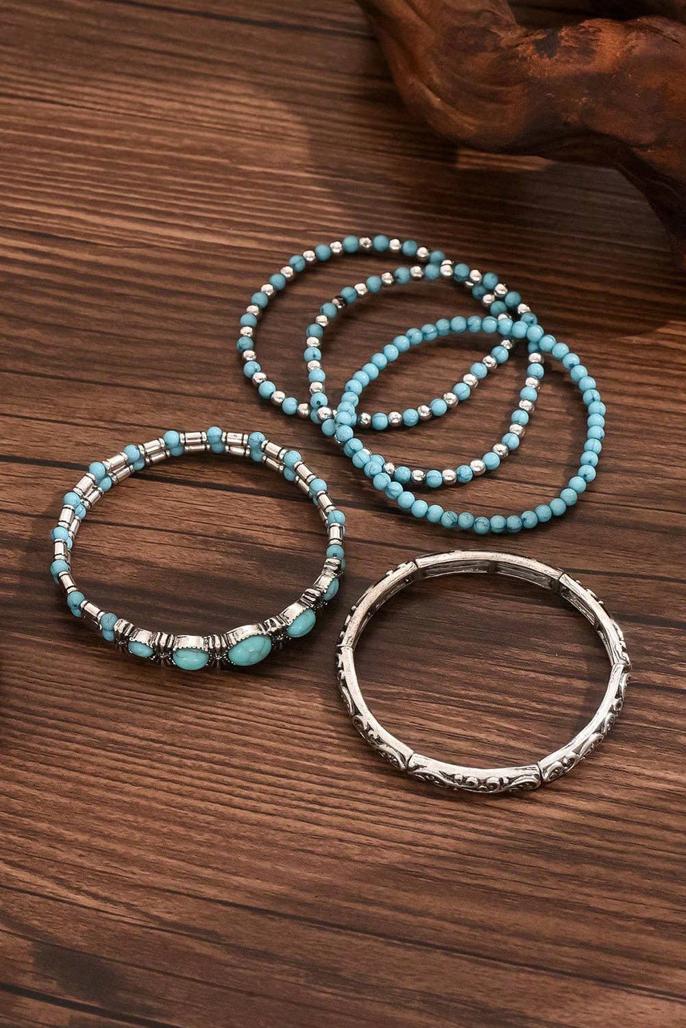 Western Turquoise Beaded Silver 5 Piece Layered Bracelet