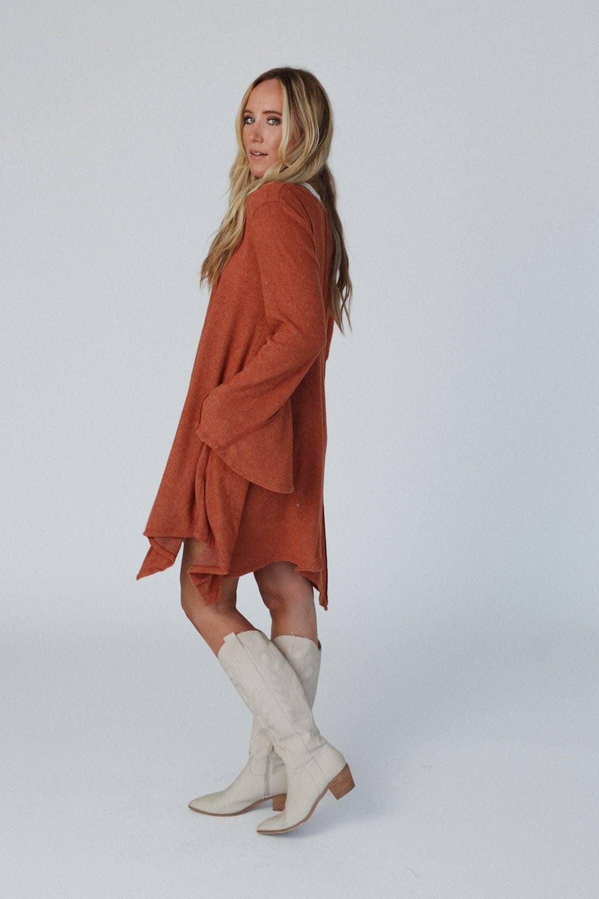 Golden Hour Long Bell Sleeve Dress - Rust: M