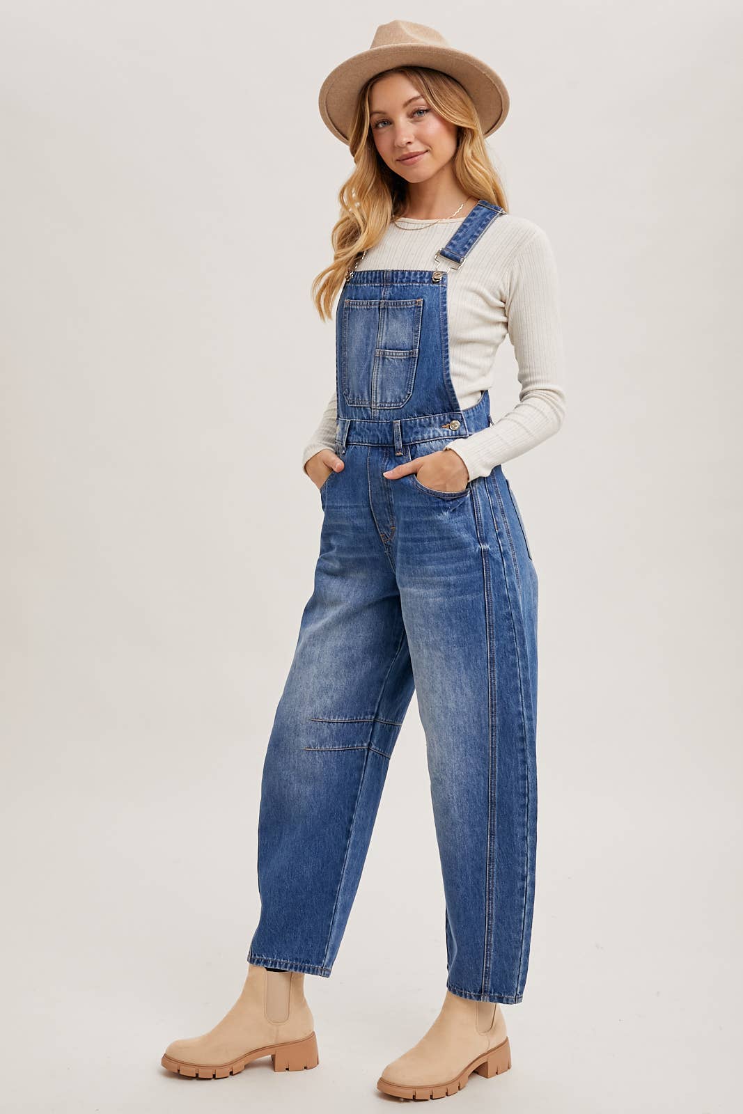 DENIM BARREL OVERALLS: LT.WASH / M