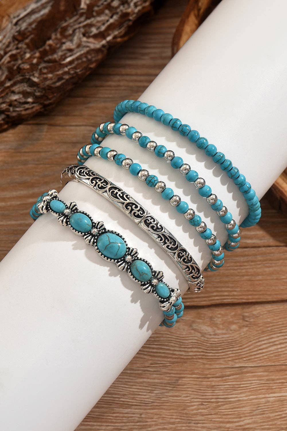 Western Turquoise Beaded Silver 5 Piece Layered Bracelet