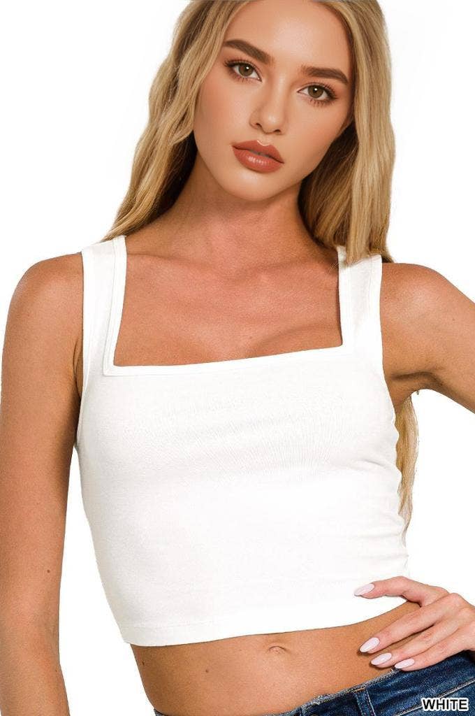 Square Neck Cotton Crop Tank Top: WHITE