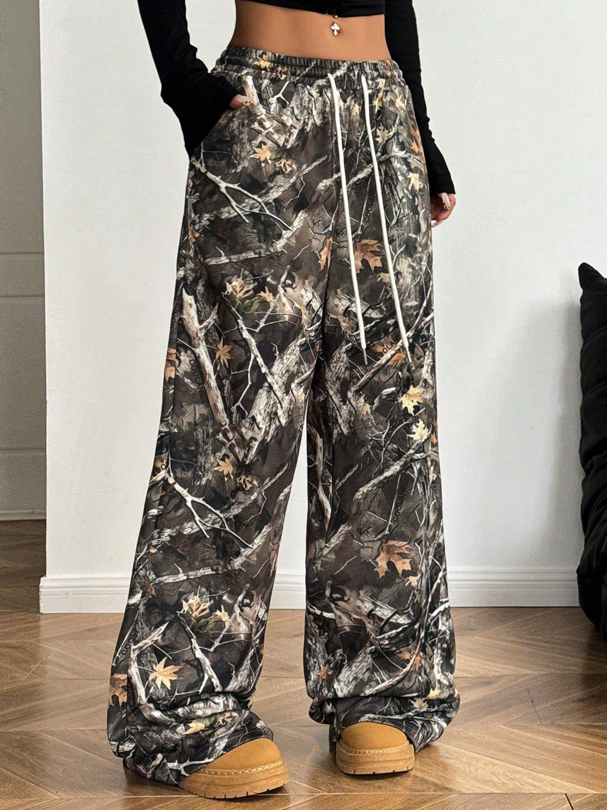Casual Stretch Corset Camouflage Print Wide-Leg Pants: Brown / L