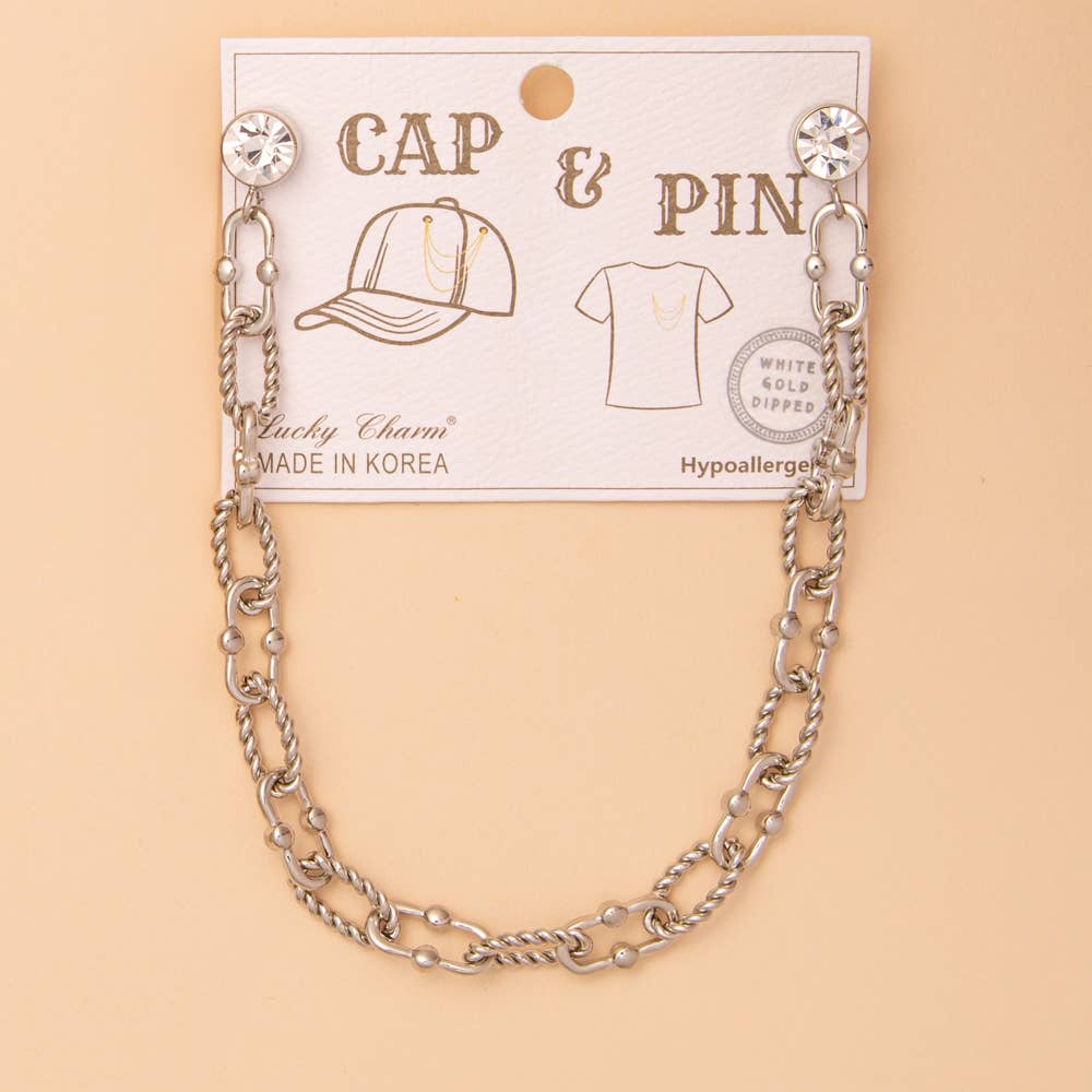 Crystal Embellished Textured Oval Link Cap Chain and Pin: Silver