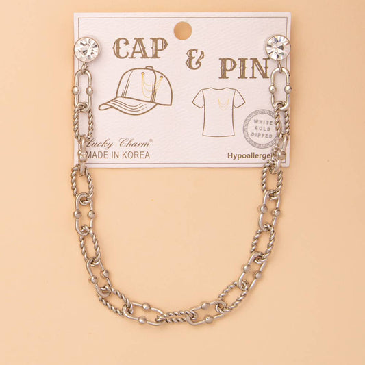 Crystal Embellished Textured Oval Link Cap Chain and Pin: Silver