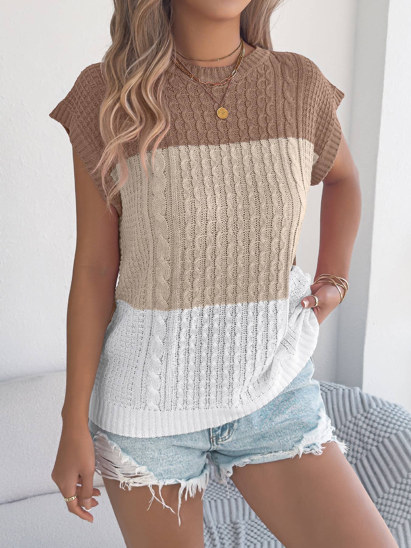 Color Block Cable Knit Short Sleeve Pullover Top
