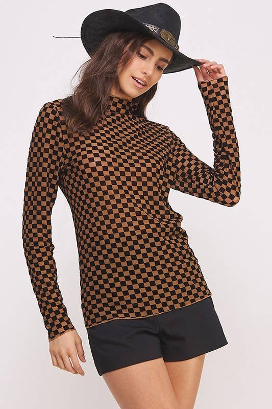 PLUS SIZE LONG SLEEVE CHECKERED MESH MOCK NECK TOP: BLACK/WHITE / 2XL