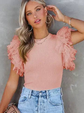 Ribbed Knit Top with Polka Dot Ruffle Sleeves