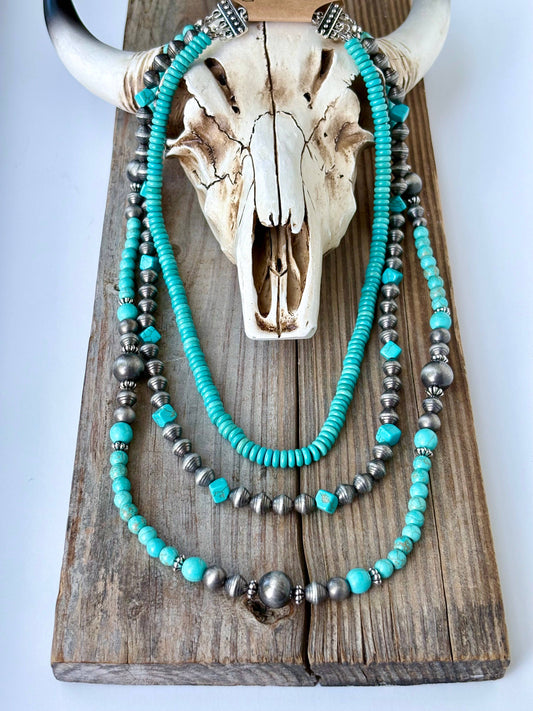 3 Layered Western Navajo Pearl & Turquoise Stone Necklace