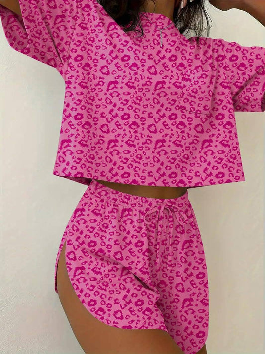 Pink Leopard Print Lounge Set Tee and Drawstring Shorts