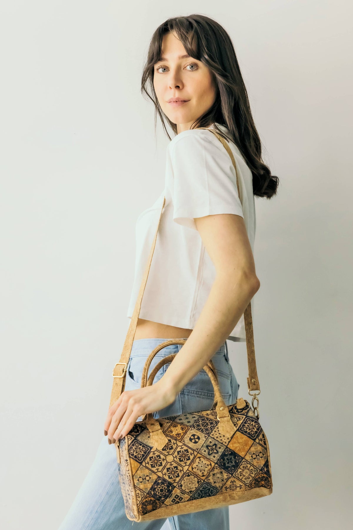 Mosaic Floral Crossbody Cork Bag