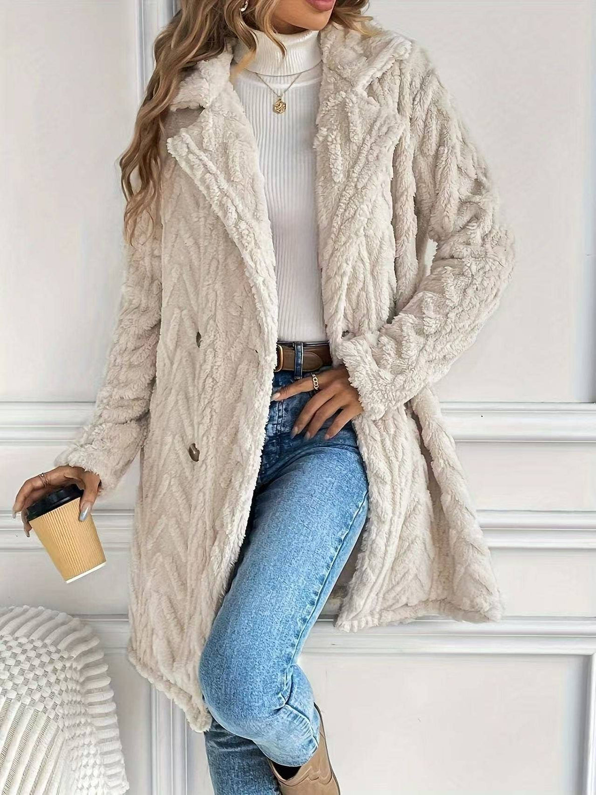 Houndstooth Pattern Fleece Coat