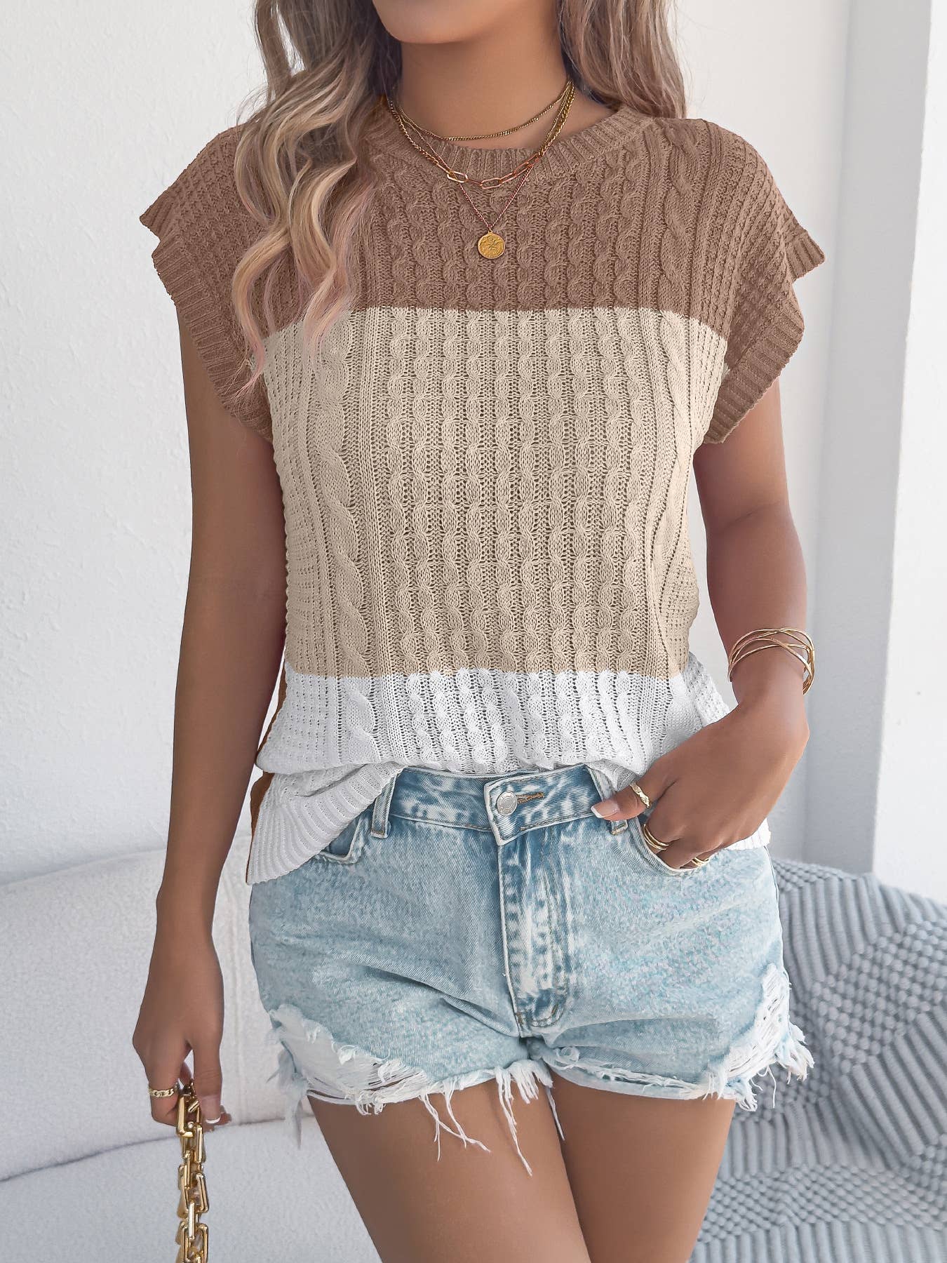 Color Block Cable Knit Short Sleeve Pullover Top