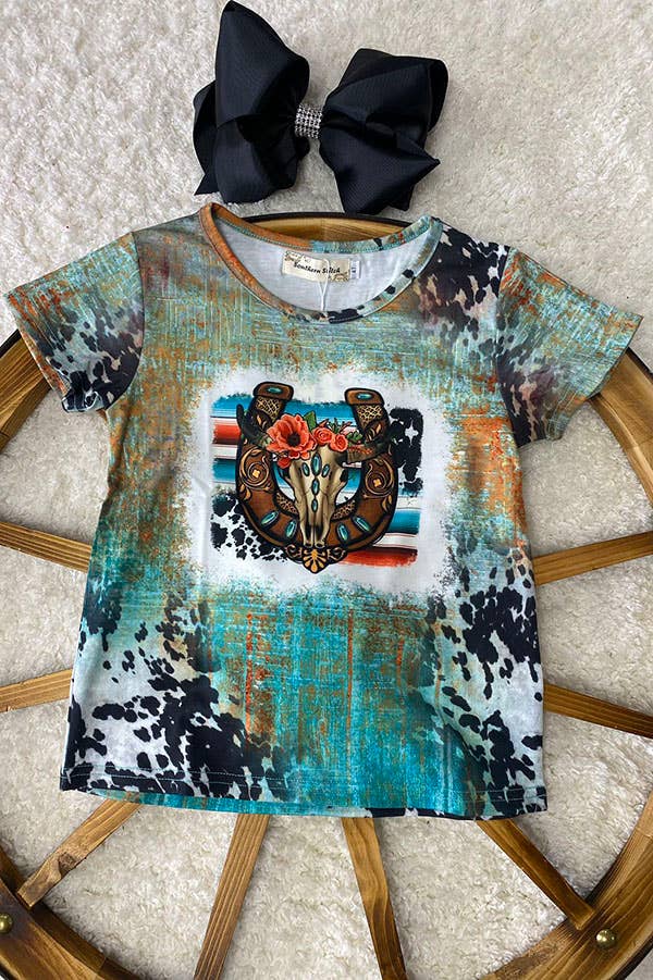 XCH0722-102H Horse shoe & bull skull printed girls t-shirt: M-3/4
