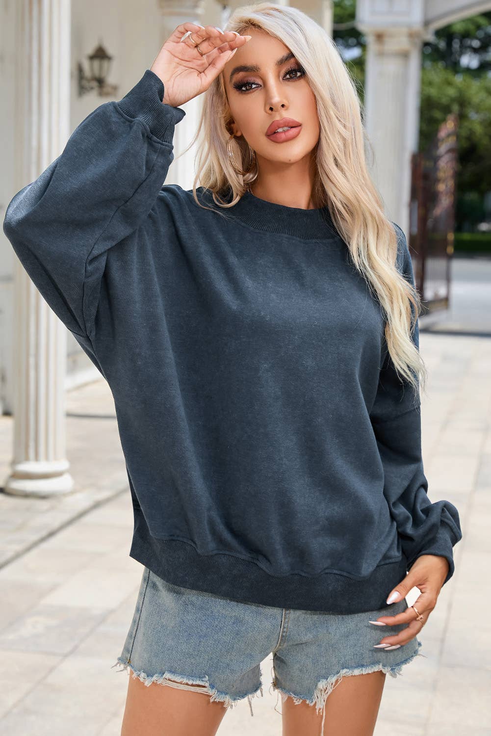 Solid Color Drop Shoulder Crew Neck Pullover Sweatshirt: Brown / 75%Polyester+25%Cotton / M