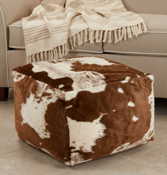 Faux Fur Cow Hide Pouf Brown
