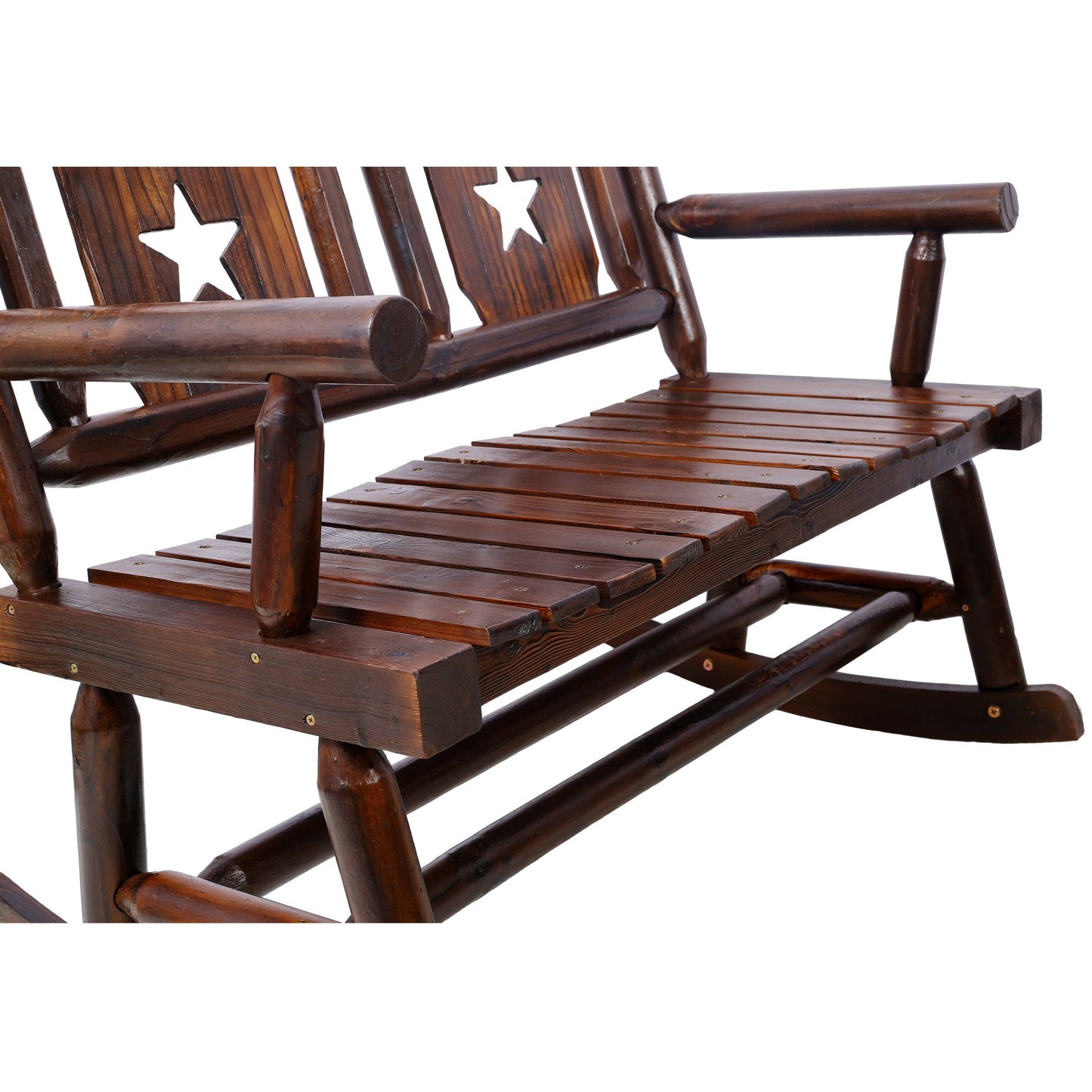 Rustic Brown Outdoor Wood Double Rocking Bench