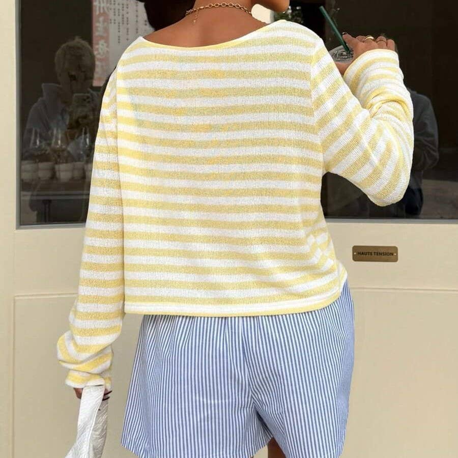 Effortless Chic Off Shoulder Contrast Striped Knit Top: Khaki / L