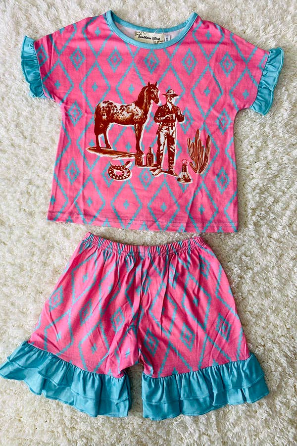Cute horse cactus western print 2PC girls set XCH0777-15H: 5T