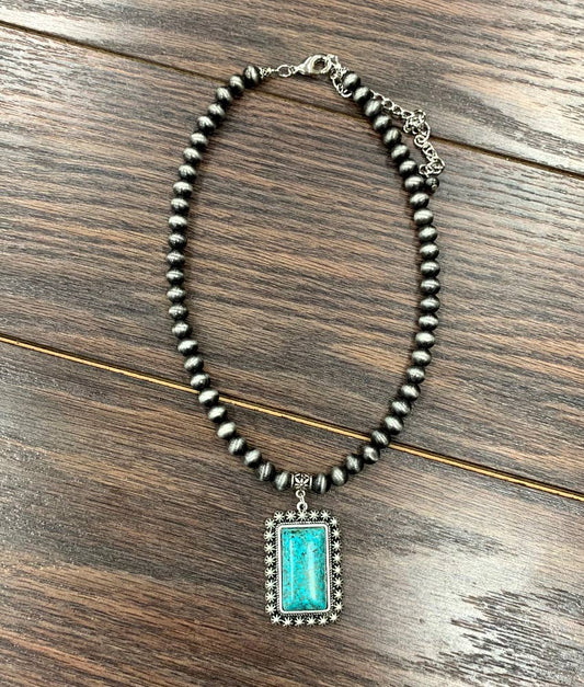Navajo Bead and Square Turquoise Pendant Necklace