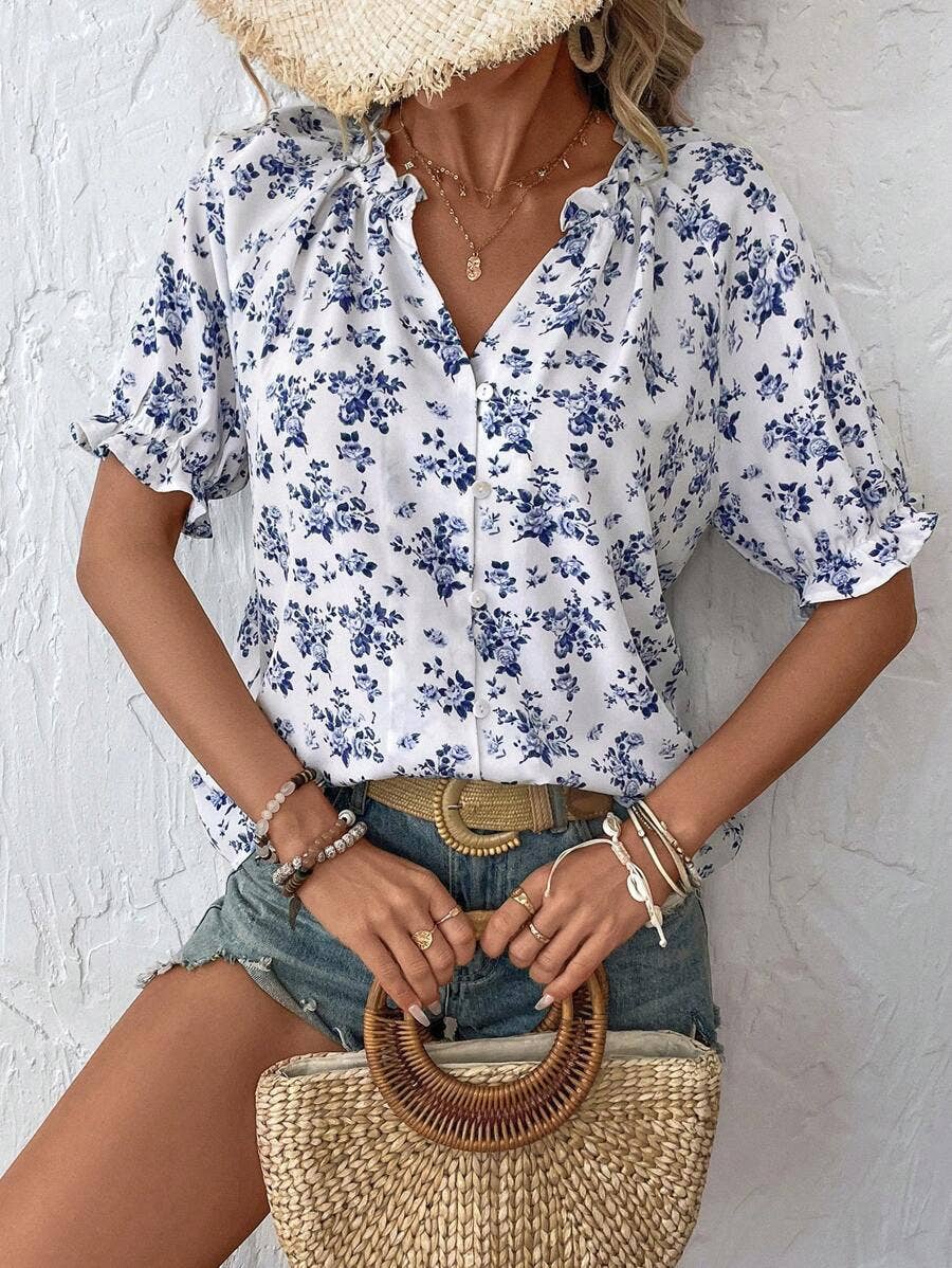 Floral Print Button Front V Neck Short Sleeve Blouse