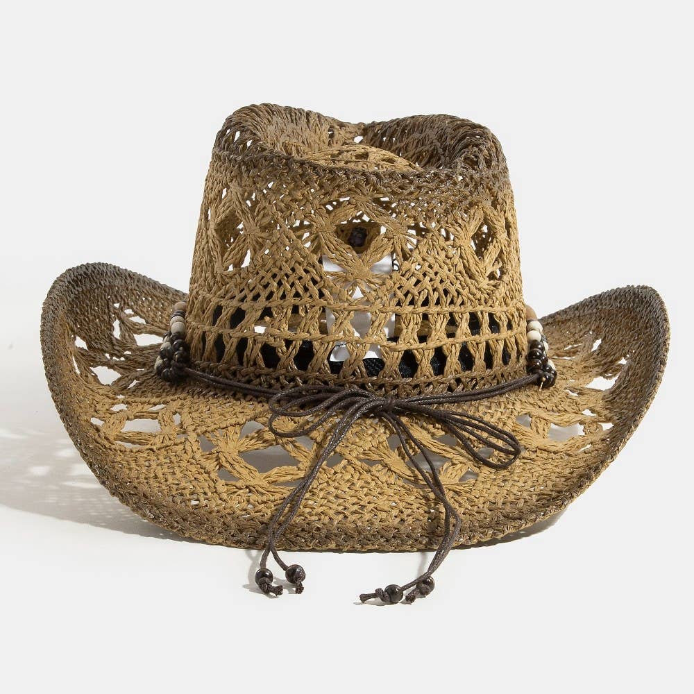 Straw Braided Concho Beaded Strap Cowboy Hat