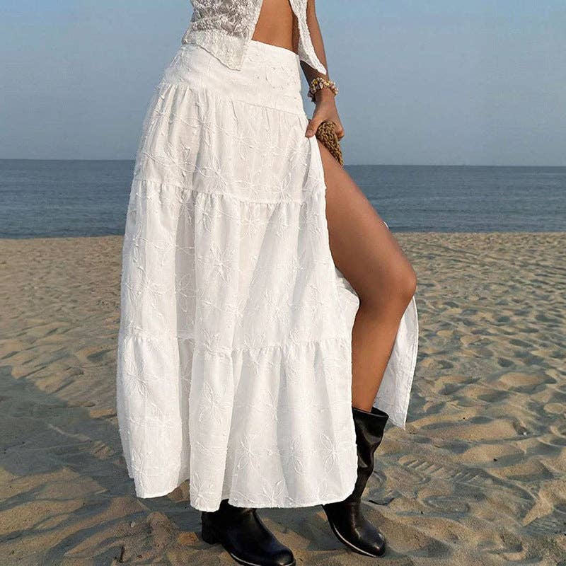 Women High Waist Embroidered Split Maxi Skirt: White / 100% Polyester / L