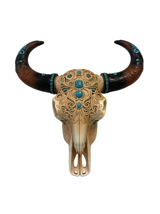 Western Ornate Longhorn Cow Bull Skull Hanging Wall Décor: Tan Inlay