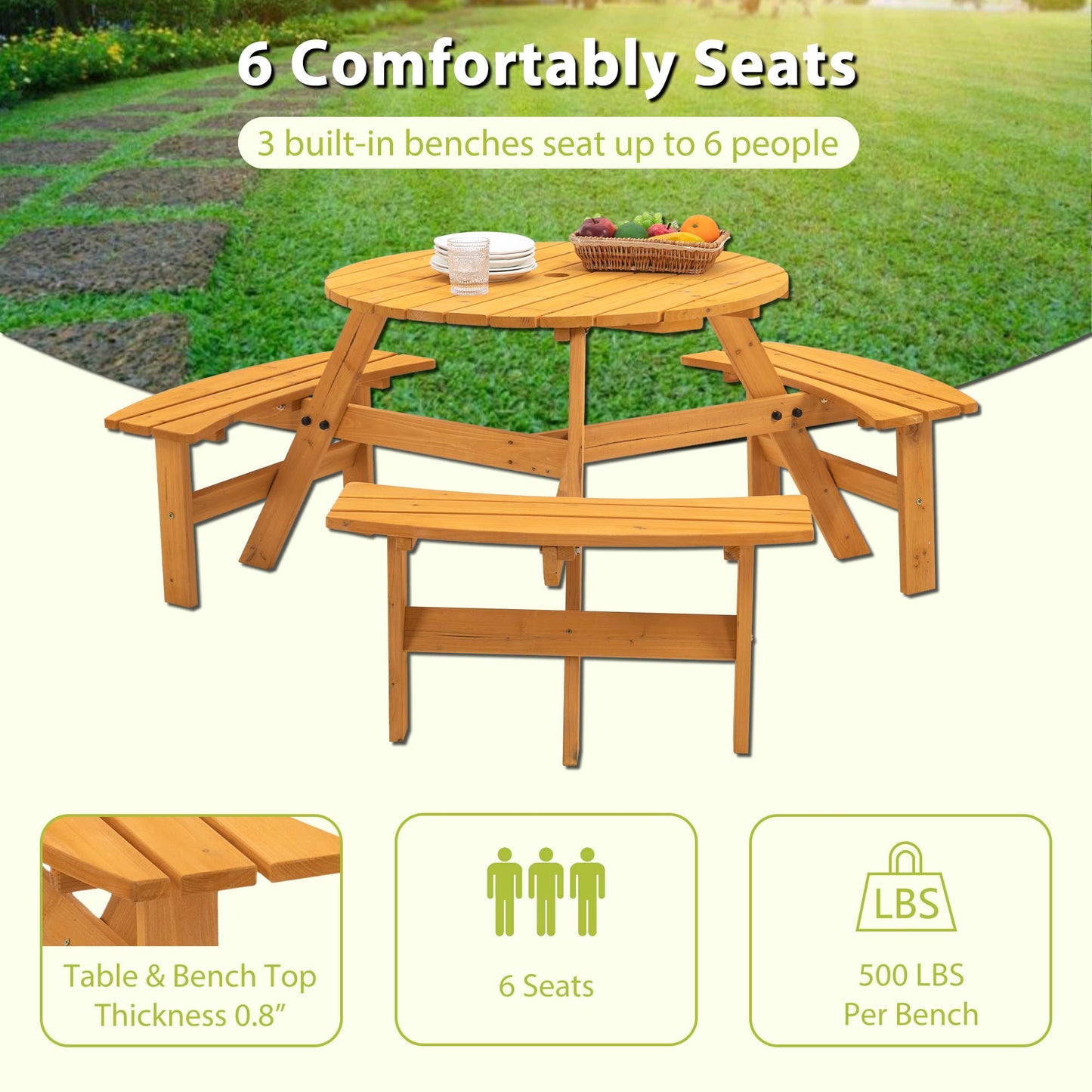 6-Person Outdoor Wooden Picnic Table with Benches–Brown/Natu: Brown
