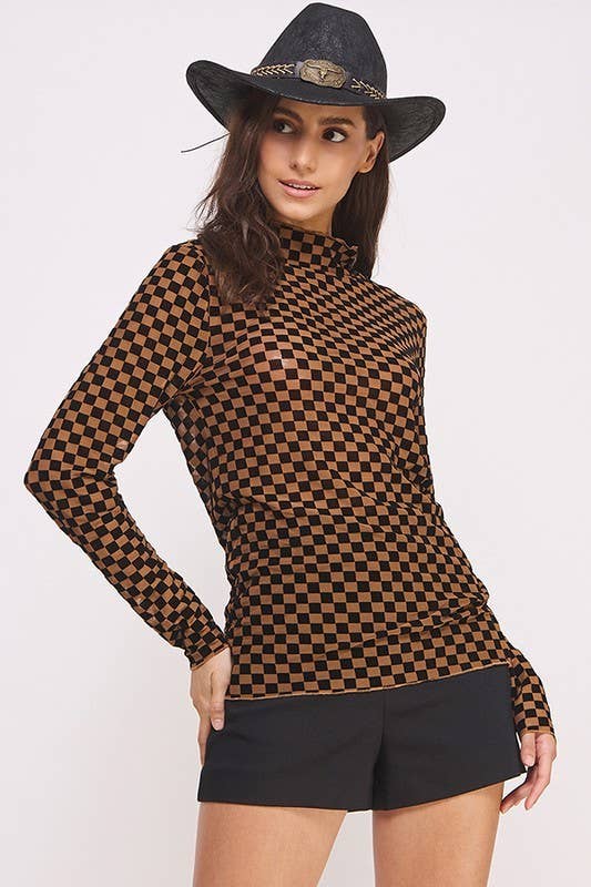PLUS SIZE LONG SLEEVE CHECKERED MESH MOCK NECK TOP: BLACK/WHITE / 3XL