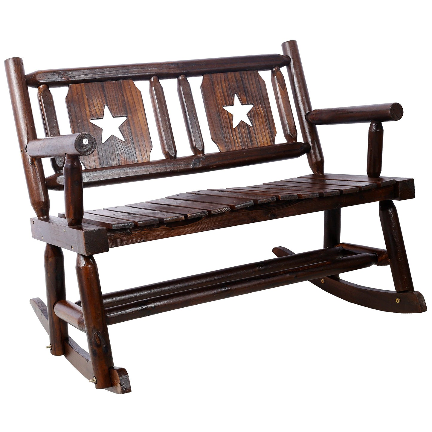 Rustic Brown Outdoor Wood Double Rocking Bench