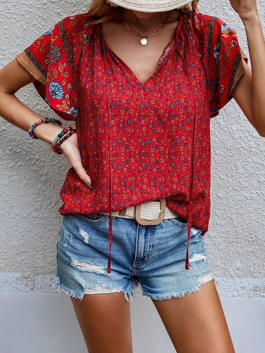 PRINTED V-NECK SHORT-SLEEVED LOOSE SHIRT