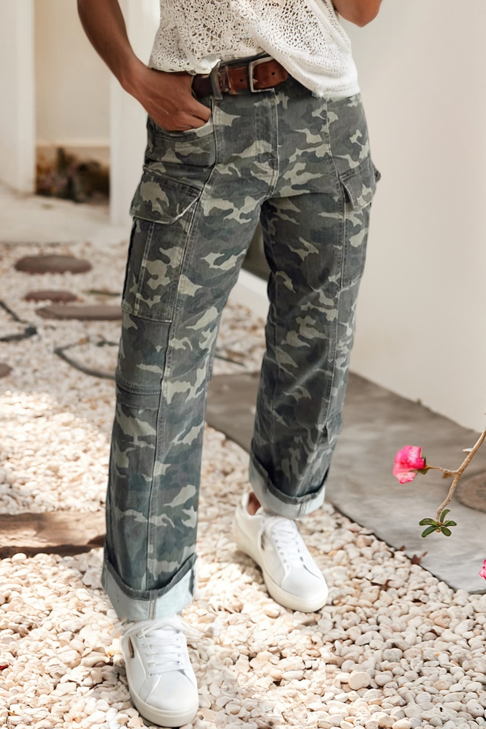 Camouflage Print Multi Pocketed Denim Pants