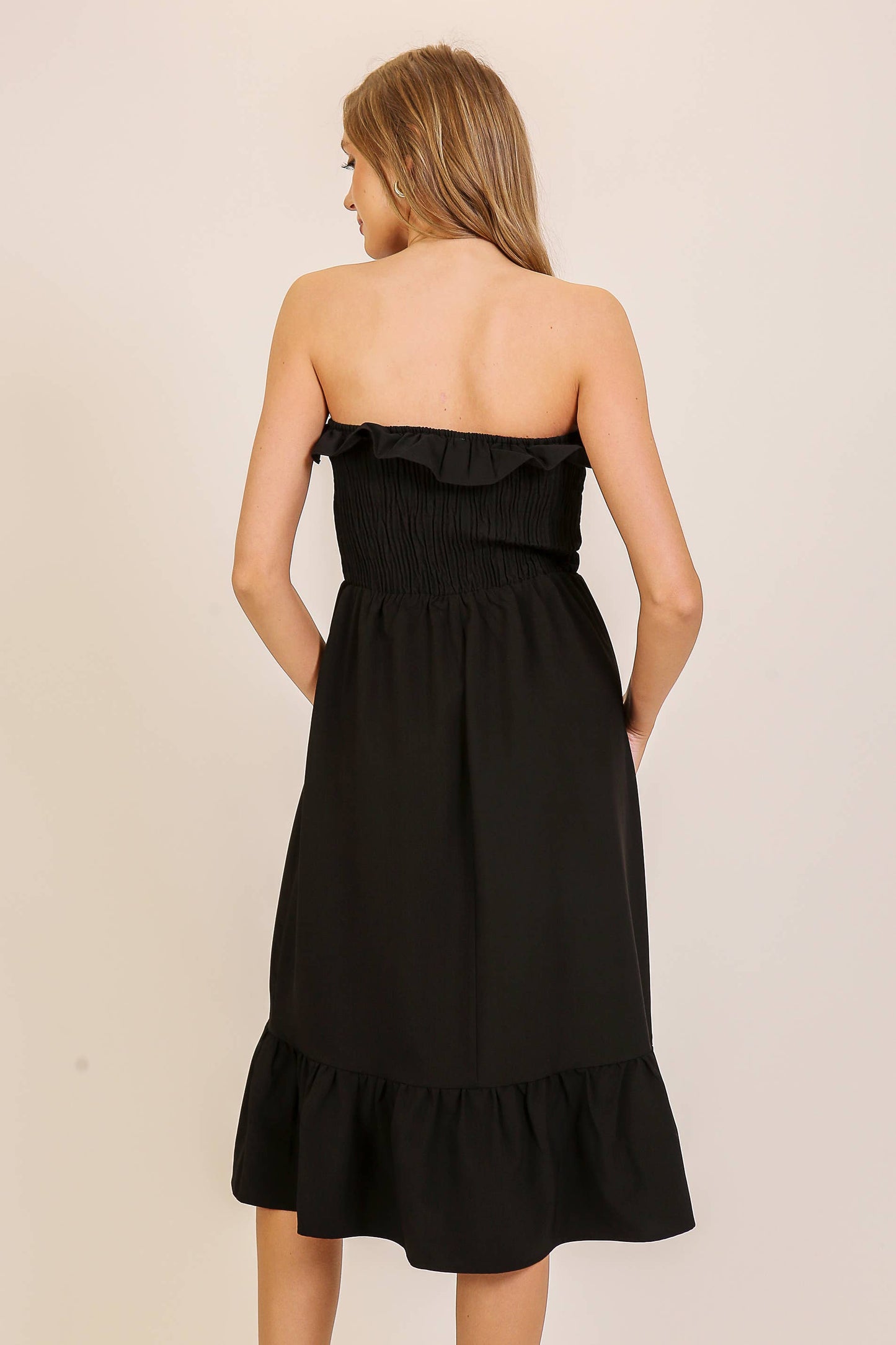 Breezy Strapless Smocked Midi Dress