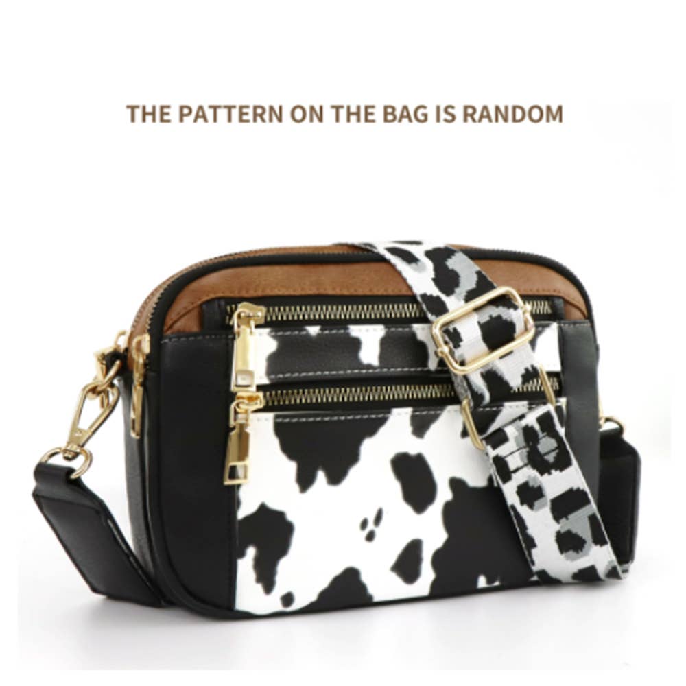 Cow Hide Zipper Crossbody Bag: Black