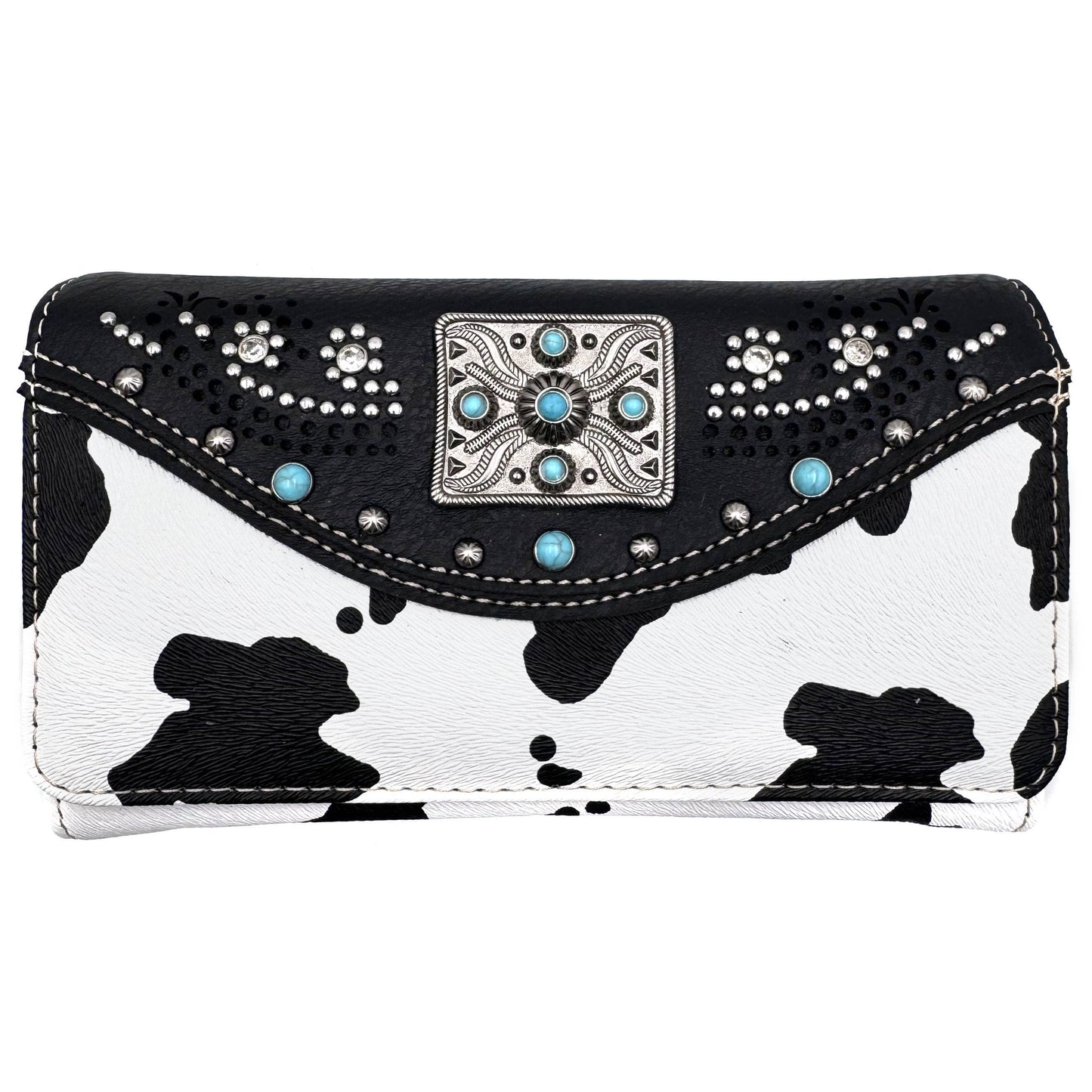 Rectangle Concho Cow Print Western Crossbody Wallet
