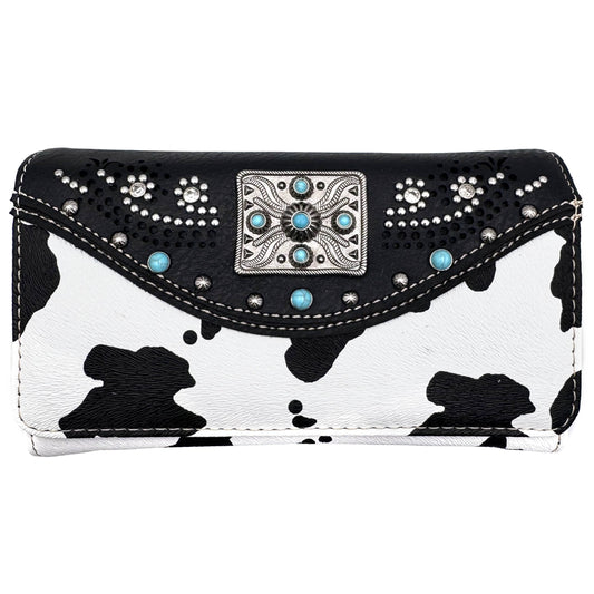 Rectangle Concho Cow Print Western Crossbody Wallet