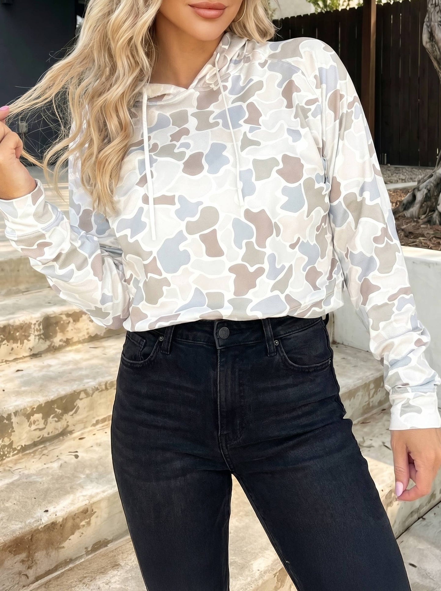 Camouflage Long Sleeve Drawstring Cuffs Casual Pullover
