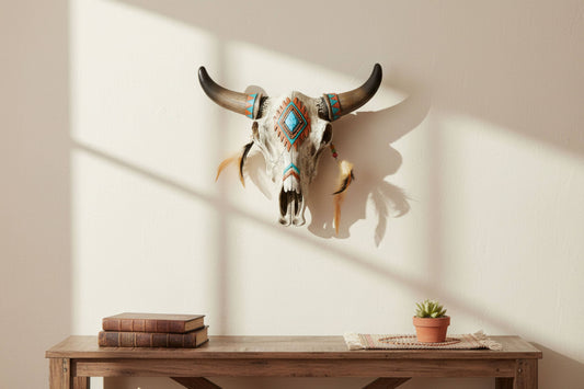 Southwest Tribal Bull Cow Skull Feathers Hanging Wall Décor