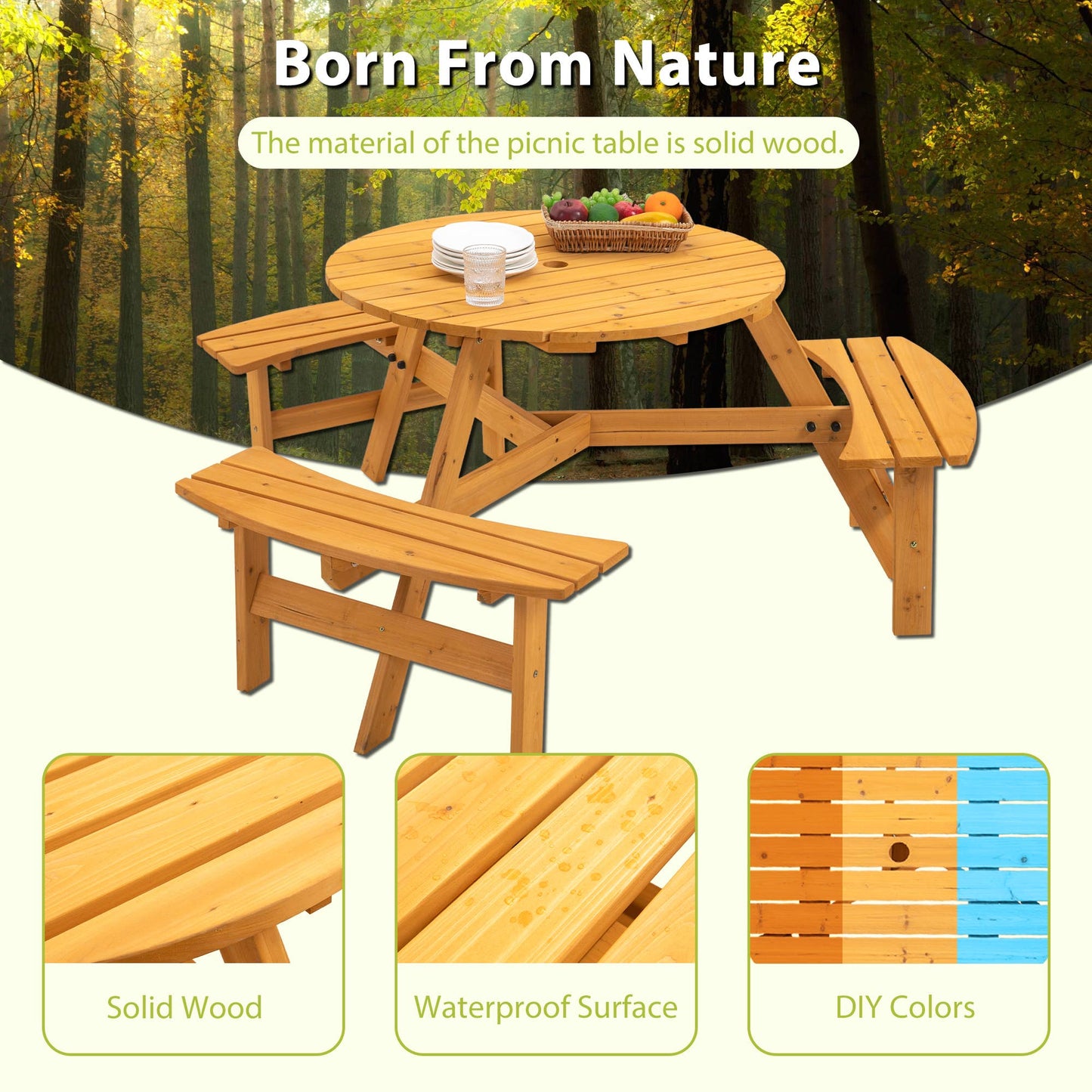 6-Person Outdoor Wooden Picnic Table with Benches–Brown/Natu: Brown