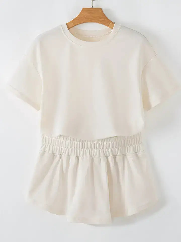Cropped Tee and Ruffle Skort Two Piece Set: Beige / 75%Polyester+20%Cotton+5%Elastane / L