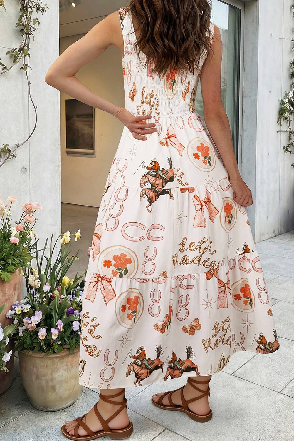 Western Horseshoes Printed U Neck Smocked Midi Dress