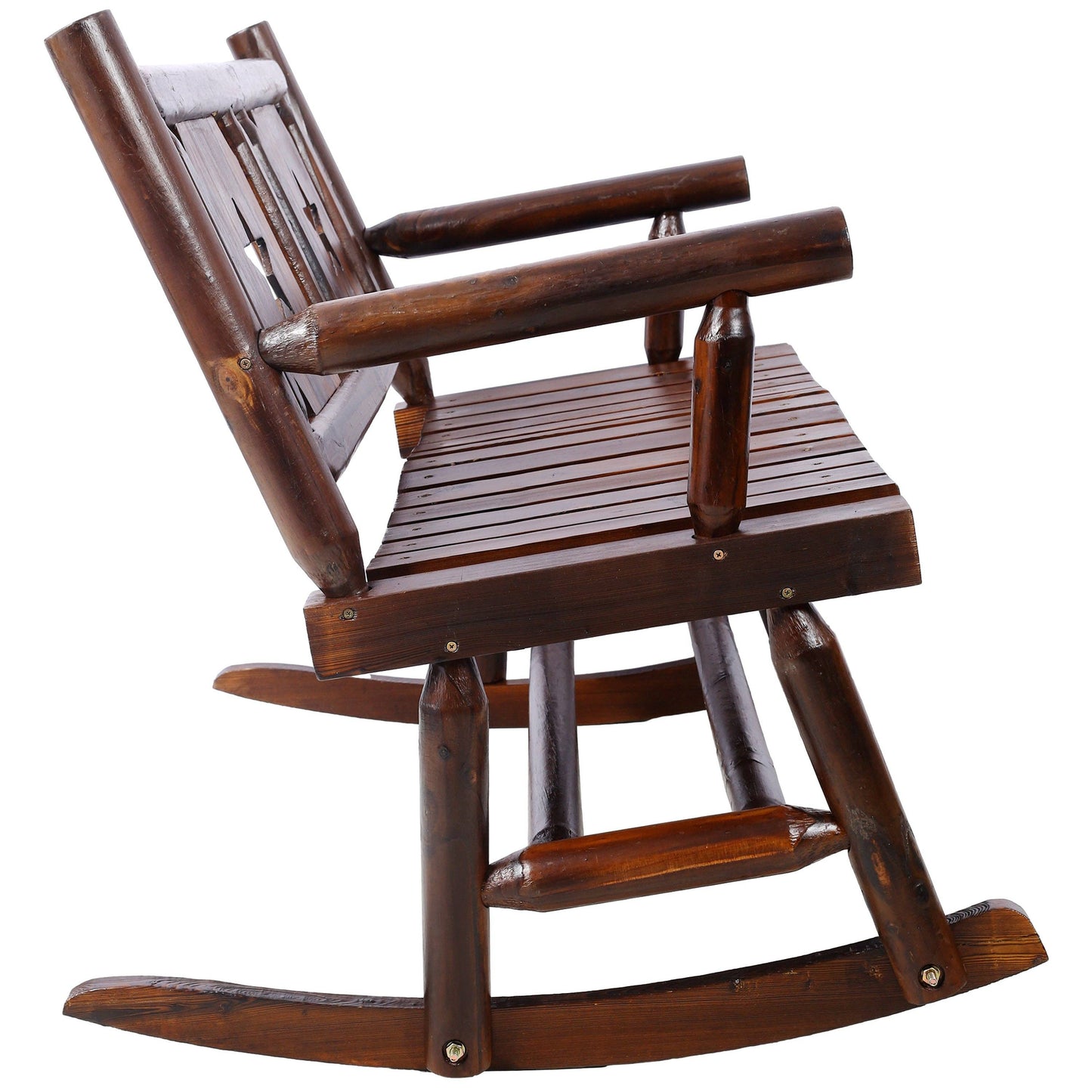 Rustic Brown Outdoor Wood Double Rocking Bench