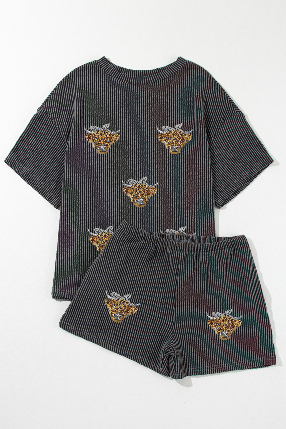 Western Sequin Heifer Patch Corded Pajamas Set