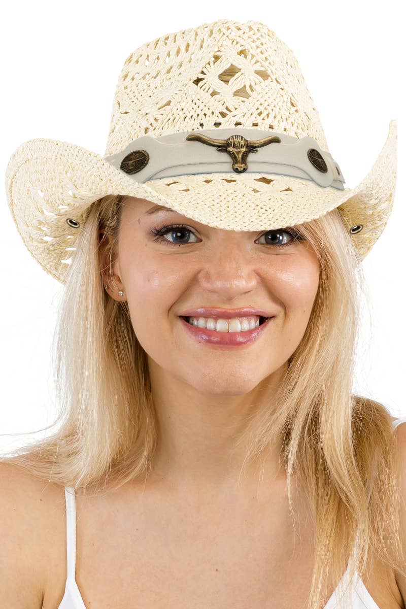 Longhorn Monochrome Belt Crochet Woven Cowboy Hat